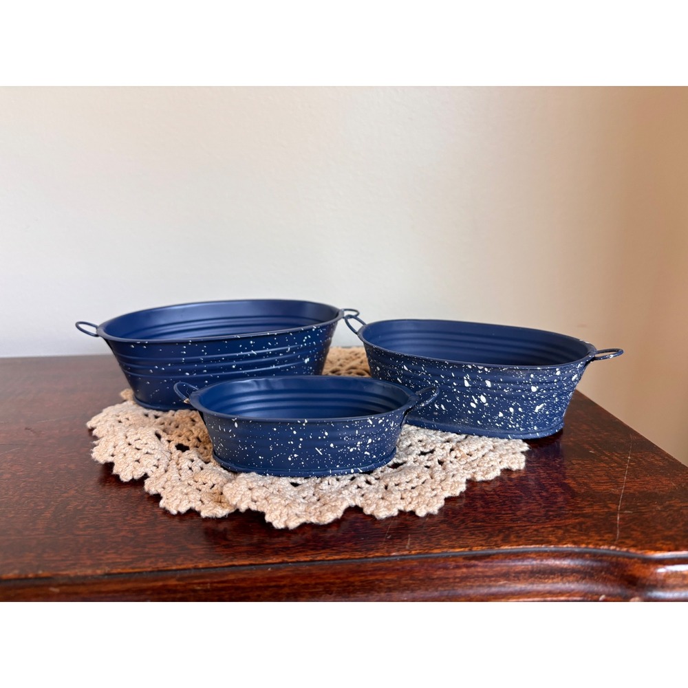 Vintage Miniature blue Enamelware nesting stackable wash laundry bins